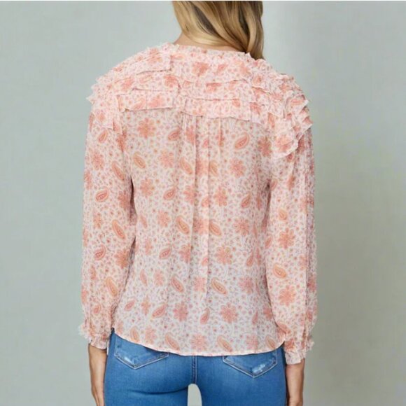 Paige Margret Silk Georgette Shirt Medium Paisley Frill Long Sleeve Sherbert - Picture 4 of 7